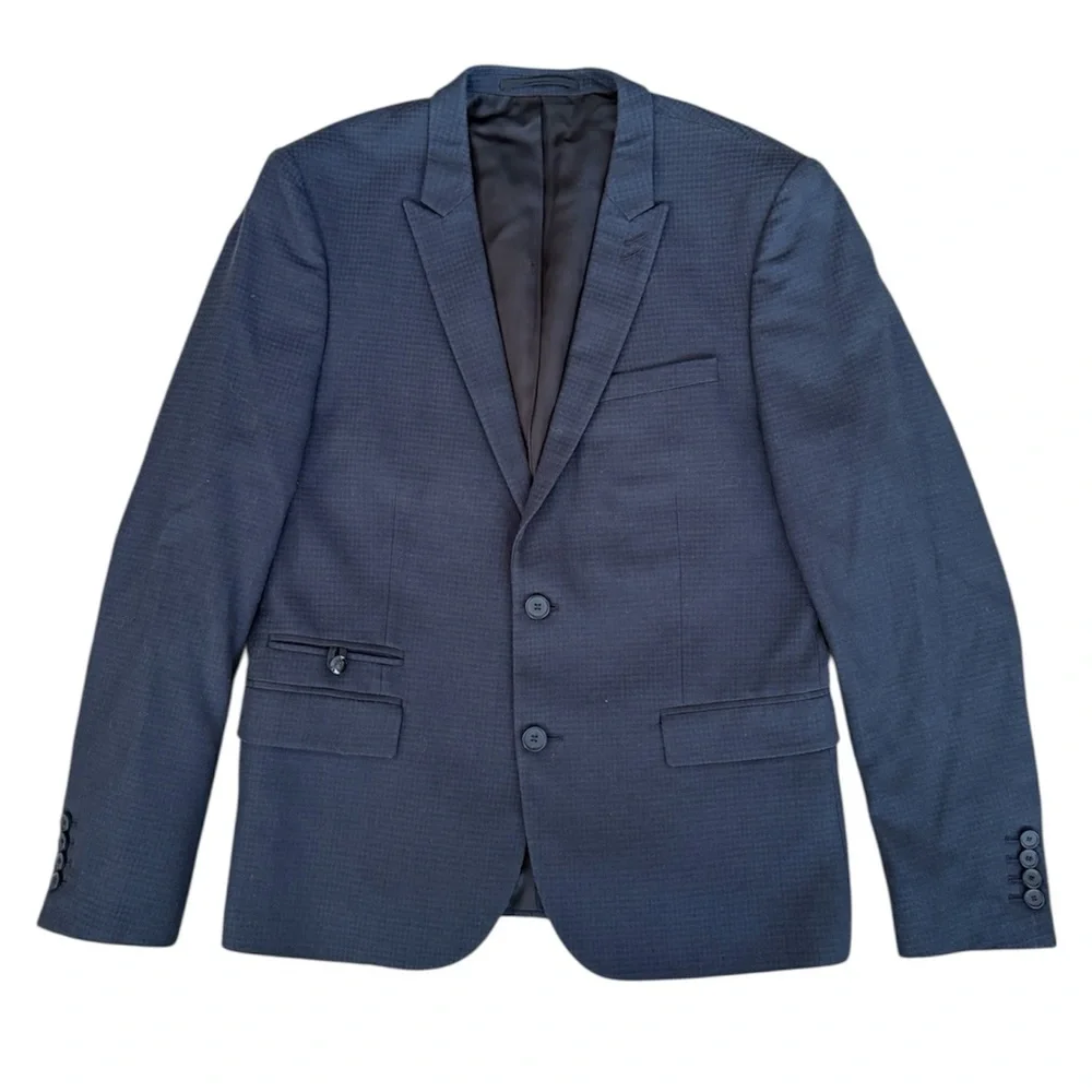 The Kooples Peak Lapel Fitted Navy Blue Grid Wool 2 Button Sport Coat Size 50